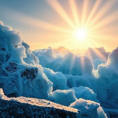 Glacial ice formations with sunbeams passing through, sparkly, frost
