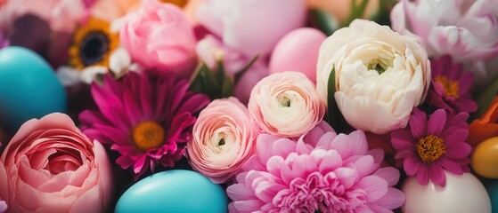 A vibrant vase filled with a variety of colorful flowers and decorated eggs, showcasing a delightful spring theme.
