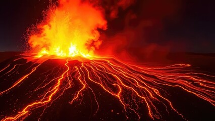 Glowing strombolian explosion from Etna's crater, volcanic, fiery