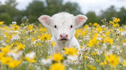 Fototapeta premium White calf in field of wildflowers, springtime