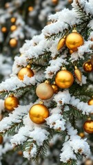 Golden ornaments scattered on a snow-covered pine branch, golden ornaments, earthy