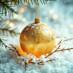 Golden sphere nestled in snowflakes gently falling, festive, delicate, snowflake