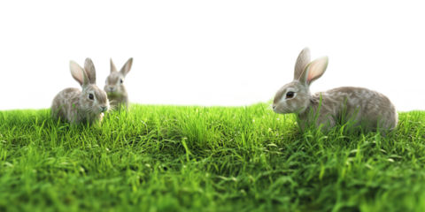 Group of realistic rabbits grazing on a lush green meadow on transparent background. Perfect for nature, wildlife, Easter and eco-friendly themes