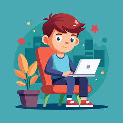 a boy is using his laptop vector