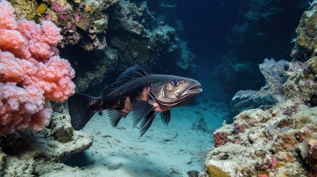 A school of Antarctic toothfish swimming near a frozen coral reef, mysterious and elusive