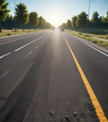 A long stretch of asphalt road on a sunny day with a few cars driving in the distance , sunlight, road