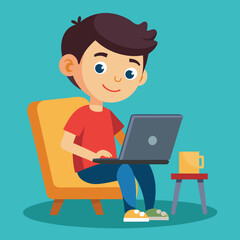 a boy is using his laptop vector