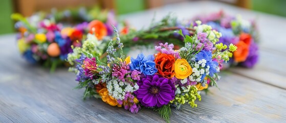 A vibrant flower crown adorned with various colorful blossoms rests elegantly on a rustic wooden table, showcasing nature's beauty and artistry.