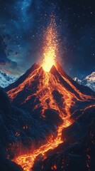 Night sky, erupting volcano, lava flows, snowy mountains.