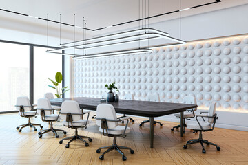 Modern conference room with wooden table, white chairs, textured wall, and large windows overlooking a cityscape. 3D Rendering