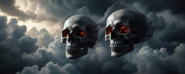A lone skull suspended in mid-air as it slowly descends into a veil of dark, foreboding clouds, lonely spiral, foreboding horizon