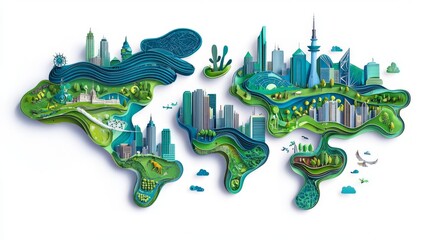 Colorful illustration of a sustainable world blending nature and urban life.