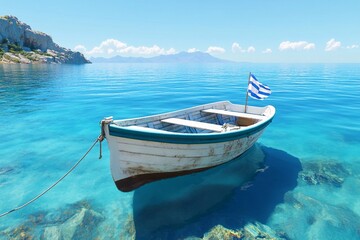 Naklejka premium Greece's flag fluttering on a small fishing boat near a pristine blue coastline, cultural and serene