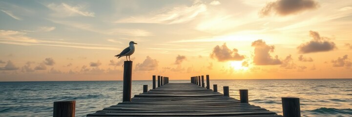 Obraz premium A lone seagull perches atop a weathered wooden pier on a tropical beach at dawn, ropes, film distressed