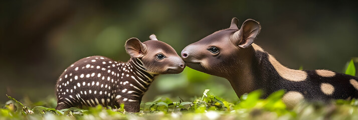 Obraz premium Adorable Baby Tapir and Mother Nuzzling Close in Lush Green Habitat