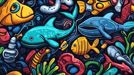 Obraz premium Colorful and Detailed Sticker Design Featuring Marine Animals Entangled in Debris and Ocean Elements