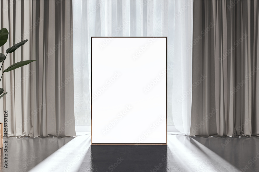 Poster vertical blank poster frame mockup in modern interior with sunlight and shadows. 3d rendering
