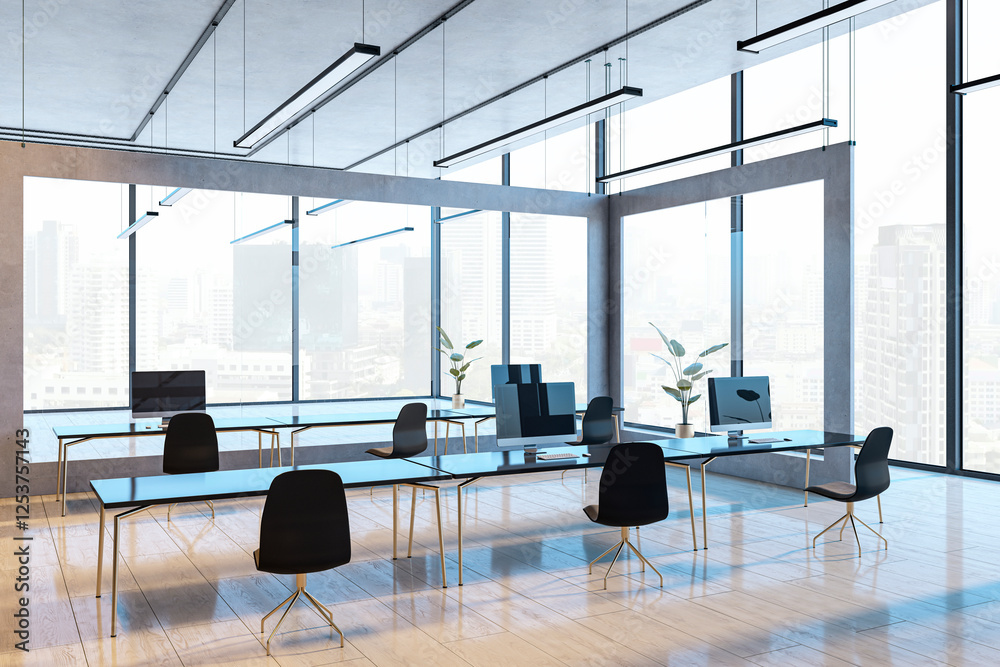 Poster Modern empty office interior with large windows and city view. 3D Rendering