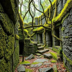Lichen-covered stones and vines entwine ancient structures, lichen, forest, ancient