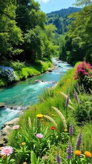 Lush greenery and wildflowers surrounding crystal clear river, crystal clear rivers, nature, lush greenery