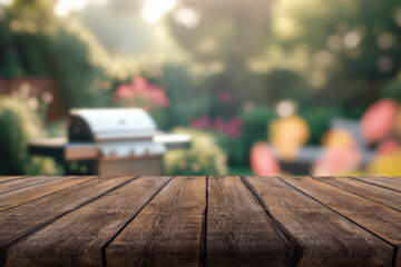 summer time party in backyard garden with grill BBQ, wooden table, blurred background