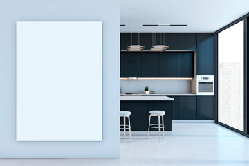 Modern kitchen interior with dark cabinets, large window, and blank vertical canvas on light blue wall. 3D Rendering