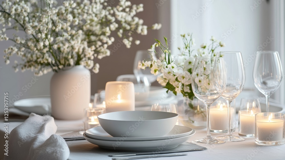 Poster elegant festive dining table setting with candles and fresh flowers for a memorable gathering. gener