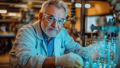 A senior scientist in a lab coat examines a holographic display while surrounded by laboratory equipment.