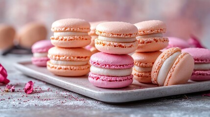 Fototapeta premium Peach and pink macarons on plate, close-up