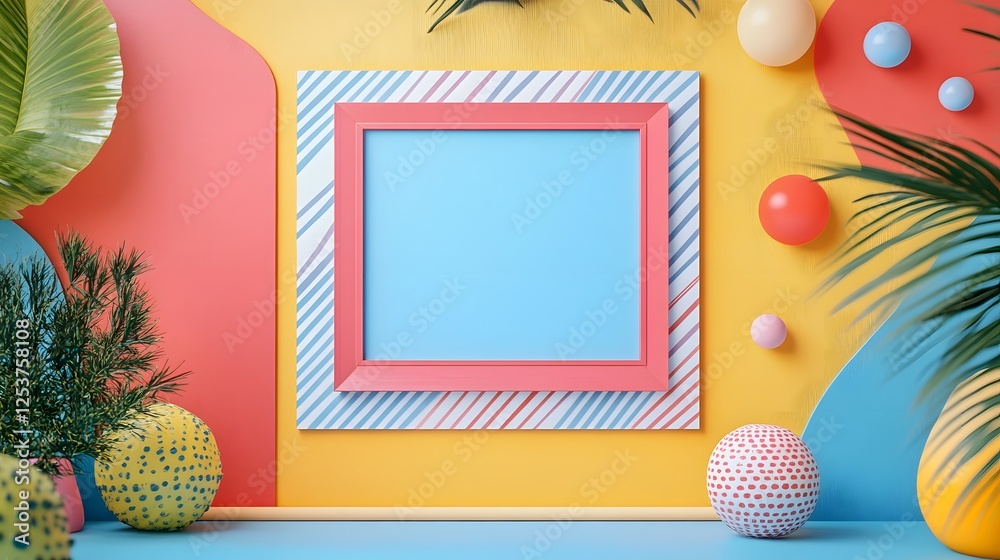 Fototapete a vibrant and minimalist abstract background featuring various geometric paper shapes and frames in 