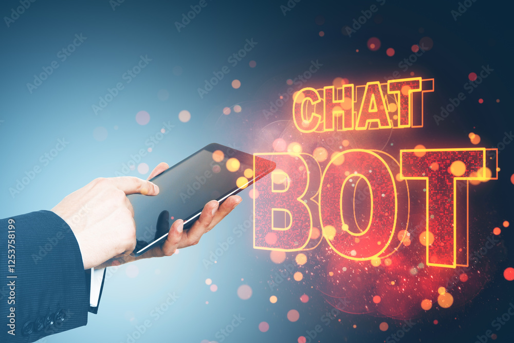 Poster Chatbot concept with glowing text and a businessperson using a tablet on a blue background.