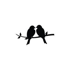 Black Silhouette two birds on a branch, valentine day vector.