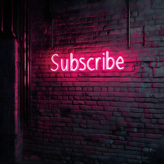 Fototapeta premium Pink Neon Subscribe Sign on Dark Brick Wall Glowing Night Light Urban Background