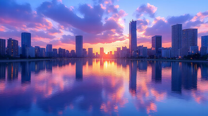 Obraz premium Vibrant Cityscape Sunset Reflection
