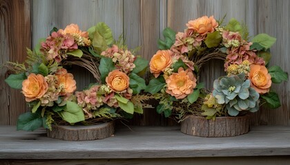 Two floral wreaths adorn a shelf, beautifully contrasting against a rustic wooden wall, creating a warm and inviting atmosphere.