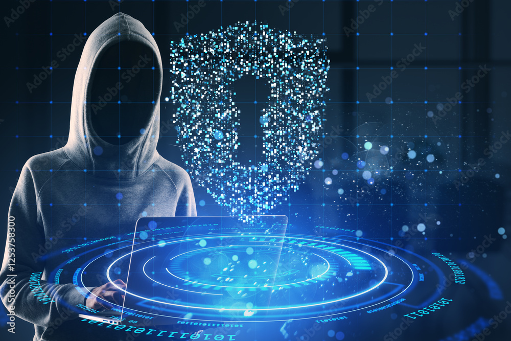 Poster cybersecurity concept with hooded figure and digital shield hologram on dark background.