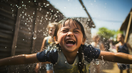Fototapeta premium Joyful Girl Playing in Water Spray Outdoor Summer Fun Child Happiness