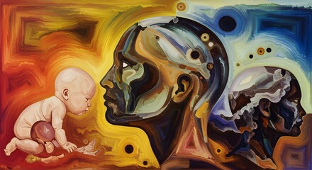 Abstract Painting of Baby, Adult Face, and Elderly Profile in Layers