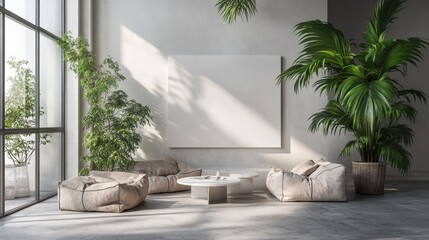 Naklejka premium Bright and Spacious Modern Minimalist Living Room with Comfortable Seating and Lush Green Plants