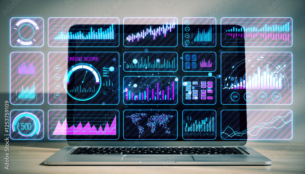 Poster Digital interface with financial charts displayed on a laptop screen. 3D Rendering