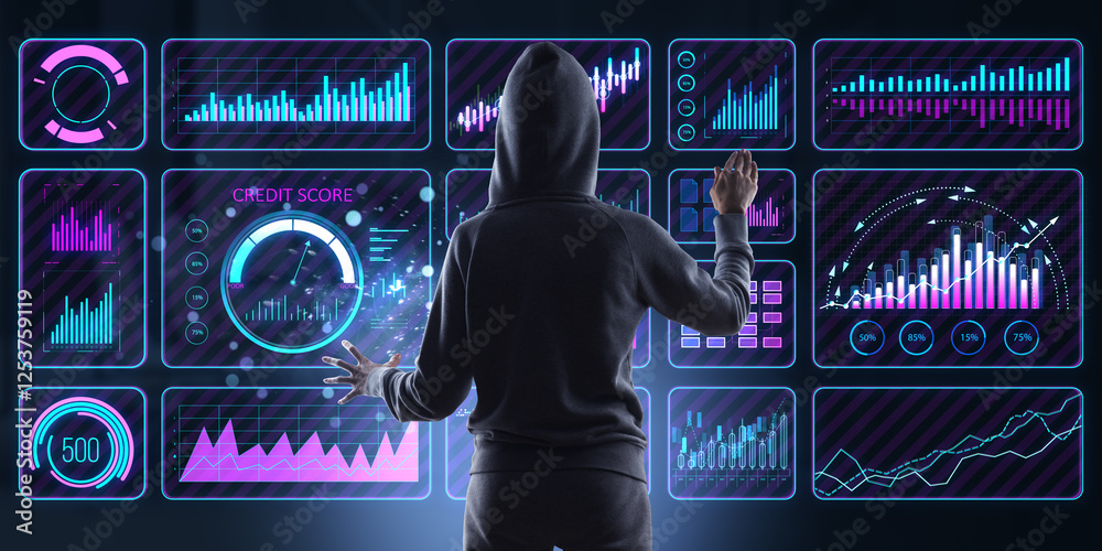 Poster Back view of hooded person interacting with futuristic digital financial dashboard displaying various graphs and data on screen.