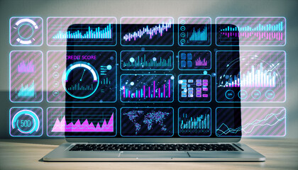 Digital interface with financial charts displayed on a laptop screen. 3D Rendering