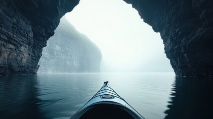 Fototapeta premium Scenic Kayaking Adventure Through Misty Fjords with Towering Cliffs and Calm Waters