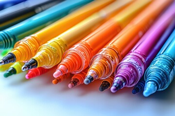 Obraz premium Colorful markers and pens displayed creatively on a white background art supplies high fidelity close-up vibrant creativity
