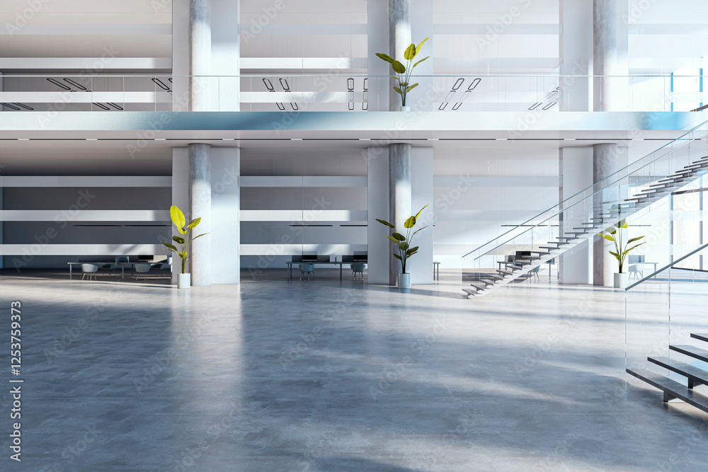Aufkleber Modern and spacious business lobby with sleek design and sunlight streaming through large windows. 3D Rendering