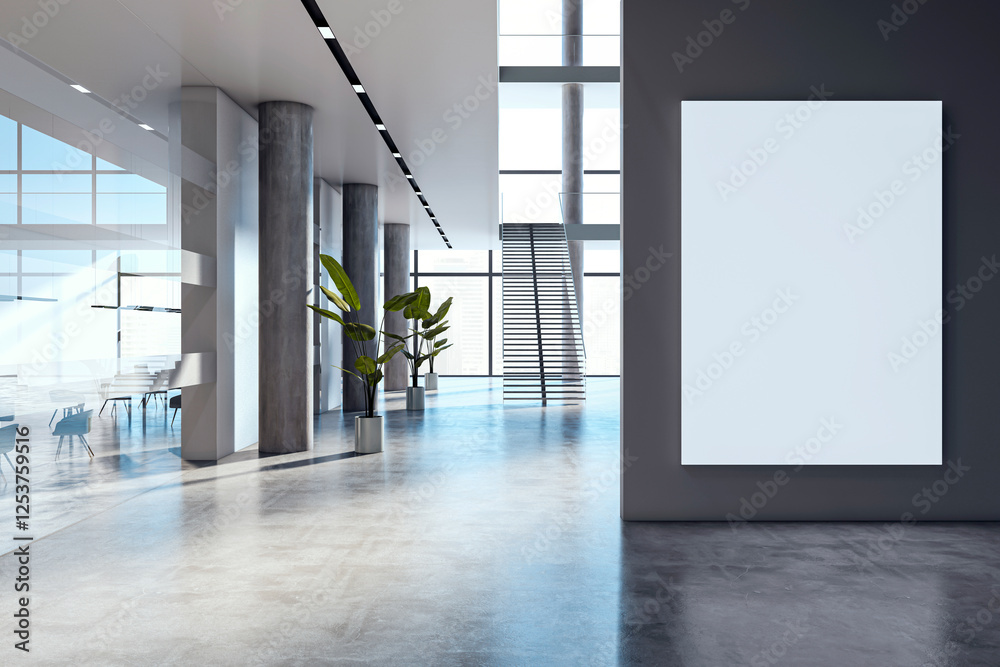 Poster Modern lobby interior with blank vertical display board and natural light. 3D Rendering