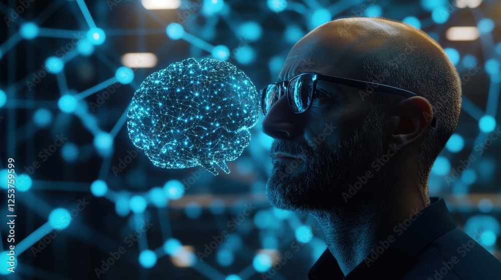 Poster ai brain on glowing connection background. artificial intelligence and innovate concept. 3d renderin