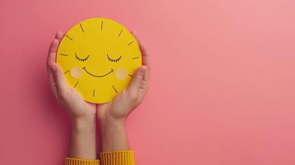 World Mental Health day banner. Concept of self care, happiness, harmony, creative mind. Hands holding yellow happy smile face on pink background. Copy space