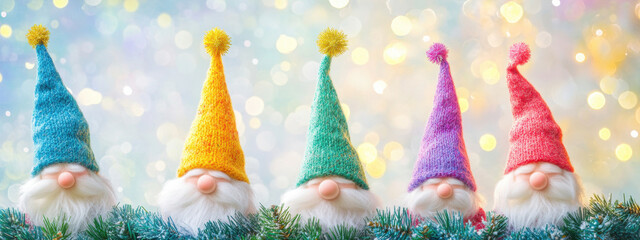 Five colorful gnome figurines with fluffy beards and knitted hats sit cheerfully on a festive evergreen garland against a dreamy, sparkling bokeh background.