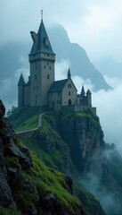 Fototapeta premium Ancient stone castle shrouded in mist, dramatic peaks , cliff, architecture, fog